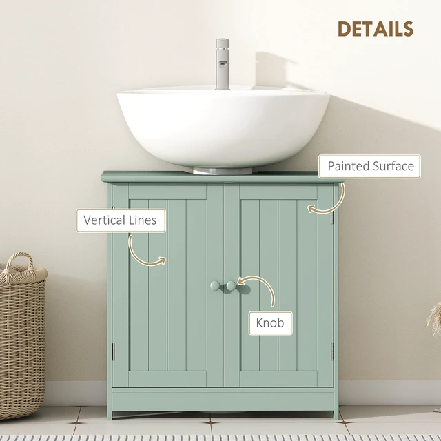 Alt view image 4 of 7 - Under Sink Cabinet, Pedestal Sink Storage Cabinet with 2 Doors Shelf and Shape, Green Dark, MDF, Vanities