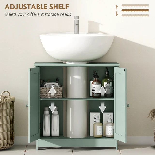 Alt view image 5 of 7 - Under Sink Cabinet, Pedestal Sink Storage Cabinet with 2 Doors Shelf and Shape, Green Dark, MDF, Vanities
