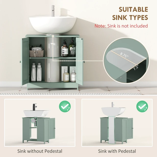 Alt view image 6 of 7 - Under Sink Cabinet, Pedestal Sink Storage Cabinet with 2 Doors Shelf and Shape, Green Dark, MDF, Vanities