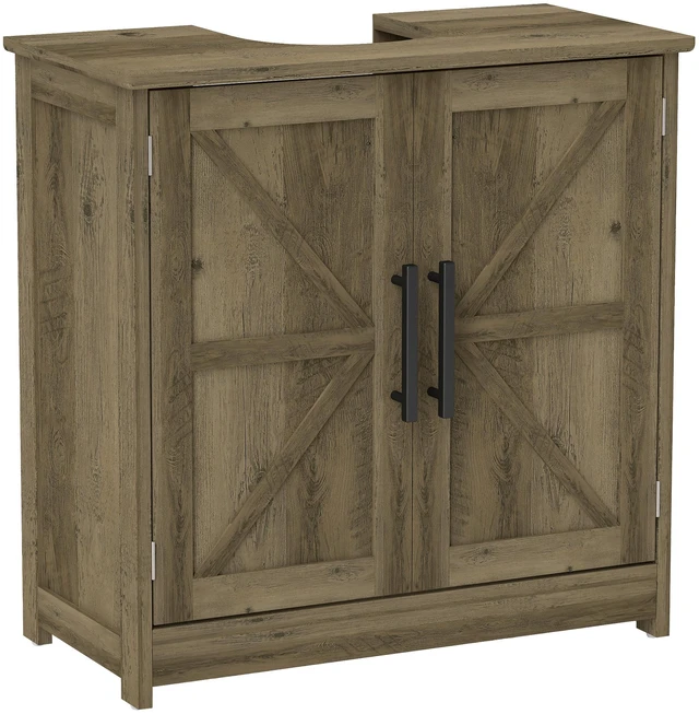 Main image of Pedestal Sink Storage Cabinet, Freestanding Sink Cabinet with Barn Doors and Adjustable Shelf Distressed, Light Gray