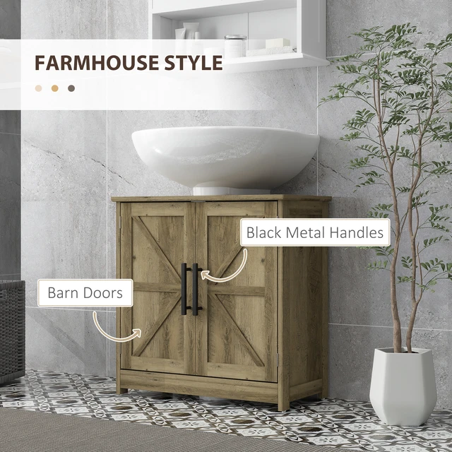 Alt view image 5 of 7 - Pedestal Sink Storage Cabinet, Freestanding Sink Cabinet with Barn Doors and Adjustable Shelf Distressed, Light Gray