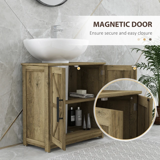 Alt view image 3 of 7 - Pedestal Sink Storage Cabinet, Freestanding Sink Cabinet with Barn Doors and Adjustable Shelf Distressed, Light Gray