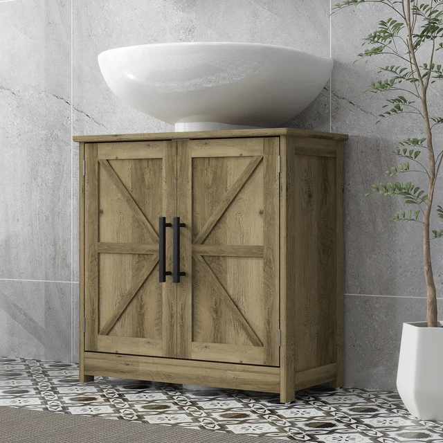 Alt view image 2 of 7 - Pedestal Sink Storage Cabinet, Freestanding Sink Cabinet with Barn Doors and Adjustable Shelf Distressed, Light Gray