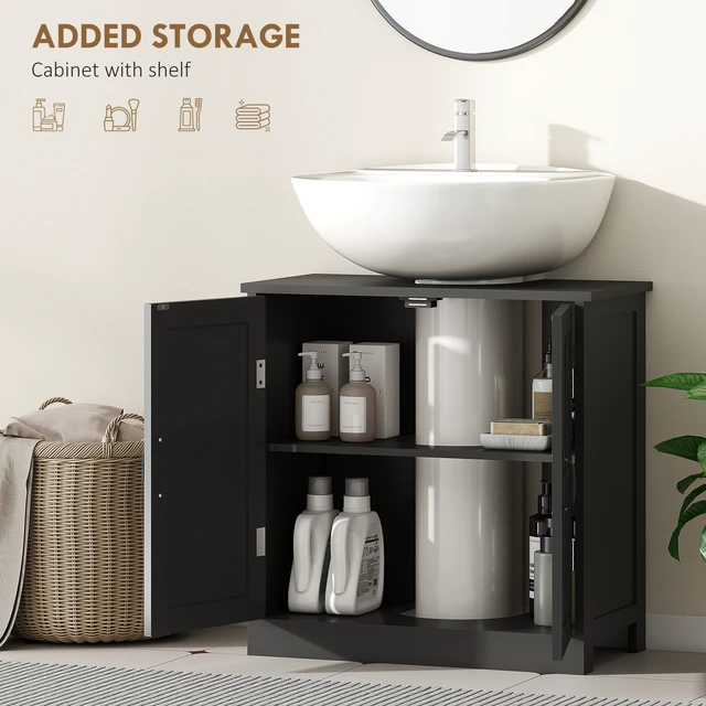 Alt view image 5 of 7 - Pedestal Sink Storage Cabinet, Under Sink Cabinet with 2 Doors and Adjustable Shelf Vanity with Shape Cut Out, Black
