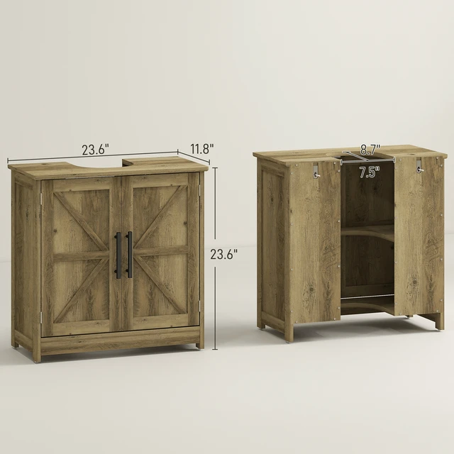 Alt view image 7 of 7 - Pedestal Sink Storage Cabinet, Freestanding Sink Cabinet with Barn Doors and Adjustable Shelf Distressed, Light Gray