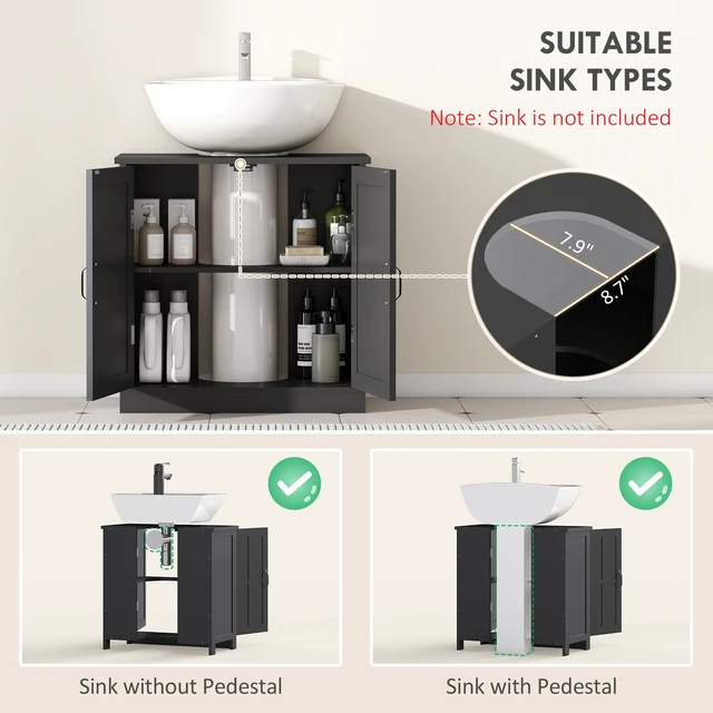 Alt view image 7 of 7 - Pedestal Sink Storage Cabinet, Under Sink Cabinet with 2 Doors and Adjustable Shelf Vanity with Shape Cut Out, Black