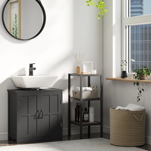 Alt view image 2 of 7 - Pedestal Sink Storage Cabinet, Under Sink Cabinet with 2 Doors and Adjustable Shelf Vanity with Shape Cut Out, Black