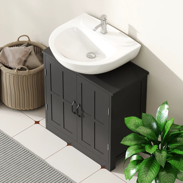 Alt view image 3 of 7 - Pedestal Sink Storage Cabinet, Under Sink Cabinet with 2 Doors and Adjustable Shelf Vanity with Shape Cut Out, Black