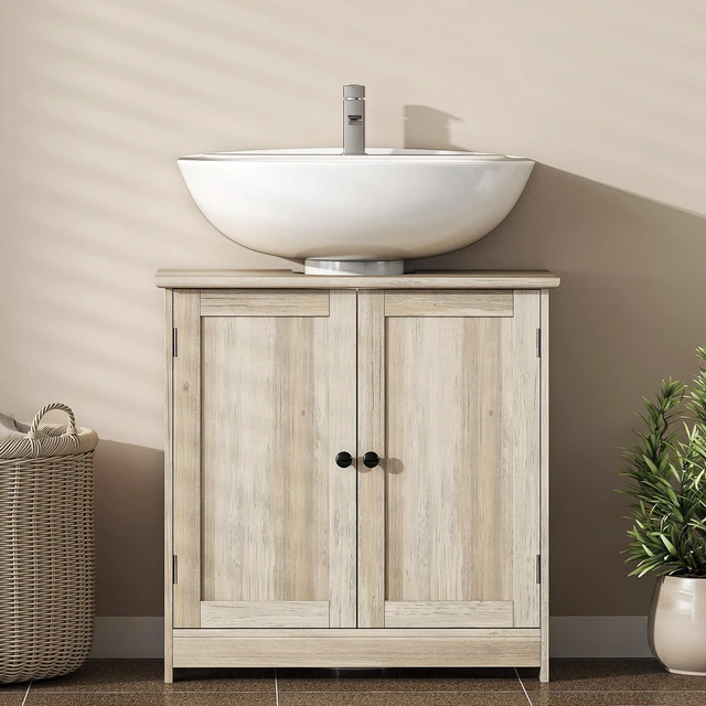 Alt view image 2 of 7 - Under Sink Cabinet, Pedestal Sink Storage Cabinet with 2 Doors Shelf and Shape Weathered, Heathered Gray, MDF
