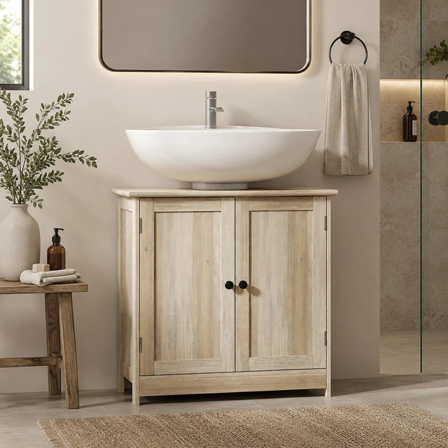 Alt view image 3 of 7 - Under Sink Cabinet, Pedestal Sink Storage Cabinet with 2 Doors Shelf and Shape Weathered, Heathered Gray, MDF