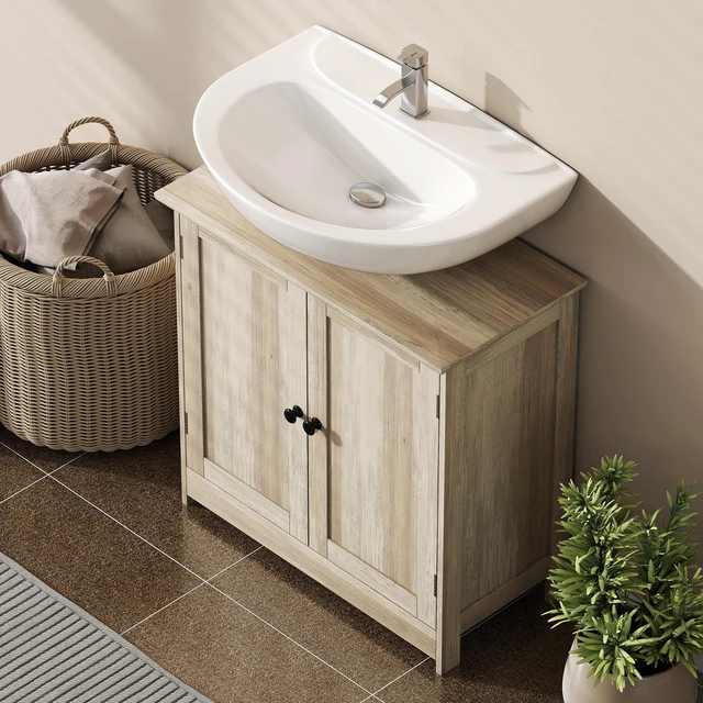 Alt view image 4 of 7 - Under Sink Cabinet, Pedestal Sink Storage Cabinet with 2 Doors Shelf and Shape Weathered, Heathered Gray, MDF