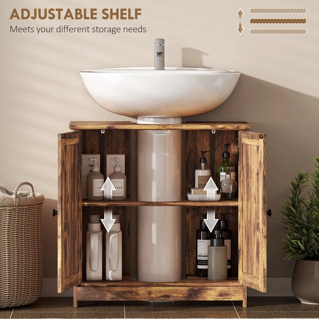 Alt view image 5 of 7 - Under Sink Cabinet, Pedestal Sink Storage Cabinet with 2 Doors Shelf and Shape, Deep Brown, MDF