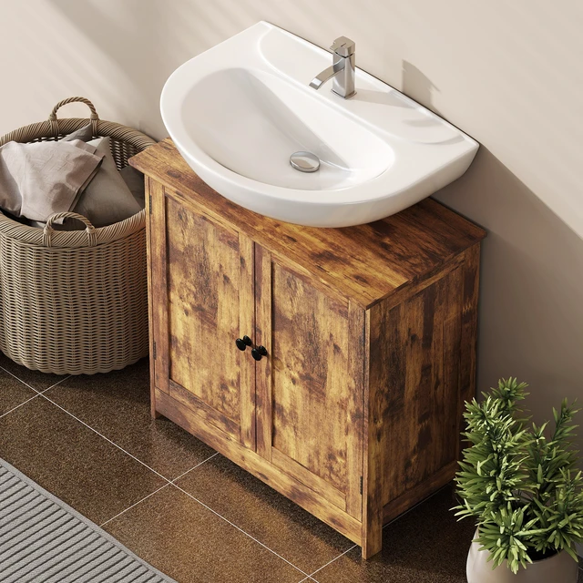 Alt view image 2 of 7 - Under Sink Cabinet, Pedestal Sink Storage Cabinet with 2 Doors Shelf and Shape, Deep Brown, MDF