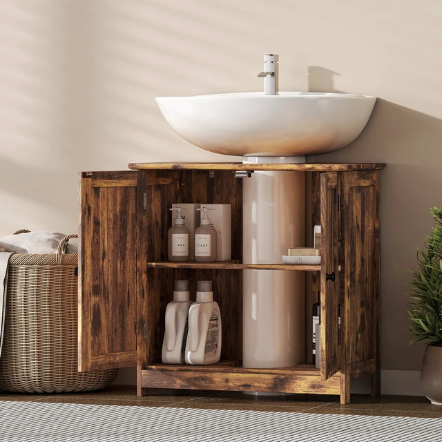 Alt view image 3 of 7 - Under Sink Cabinet, Pedestal Sink Storage Cabinet with 2 Doors Shelf and Shape, Deep Brown, MDF