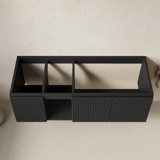 Alt view image 3 of 5 - 48 Inch Floating Cabinet with Three Striped Doors and One Open Shelf, Basin and Top Faucet and Sink Cover Color, Black