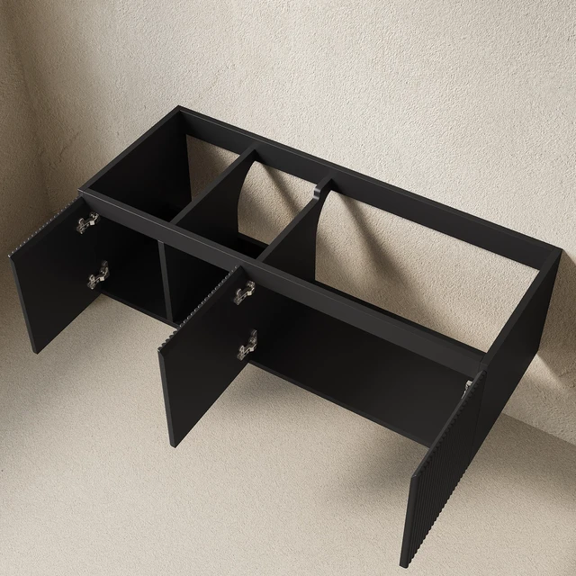 Alt view image 2 of 5 - 48 Inch Floating Cabinet with Three Striped Doors and One Open Shelf, Basin and Top Faucet and Sink Cover Color, Black