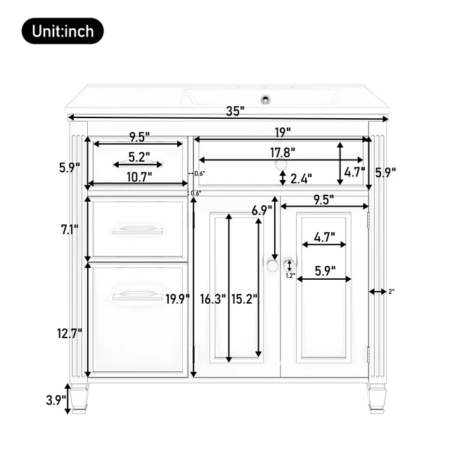 Alt view image 6 of 7 - Video 36 Inch Vanity with Sink, Ceramic Sink One Tip Out Drawer Side Drawers Adjustable Shelf Same SKU, White, Ceramic