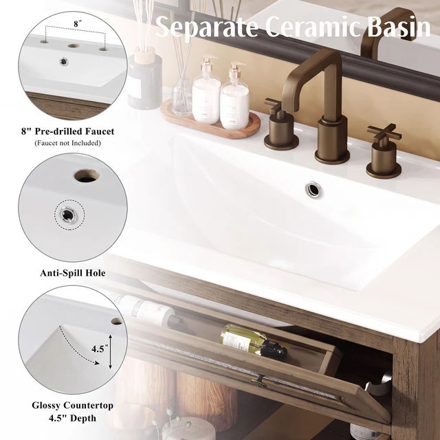 Alt view image 6 of 7 - 30 Inch Pattern Vanity with Rectangle Ceramic Sink, Vanity Cabinet with Tip Out Tray Flip Out Drawer Equipped