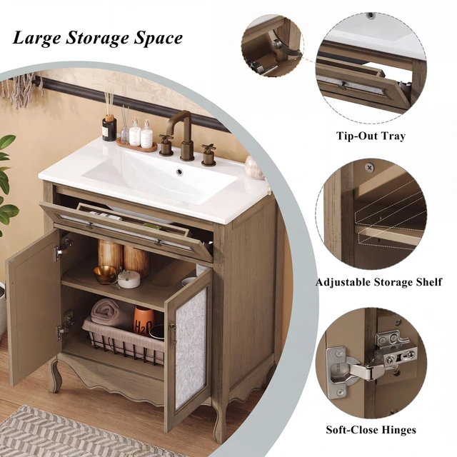 Alt view image 7 of 7 - 30 Inch Pattern Vanity with Rectangle Ceramic Sink, Vanity Cabinet with Tip Out Tray Flip Out Drawer Equipped