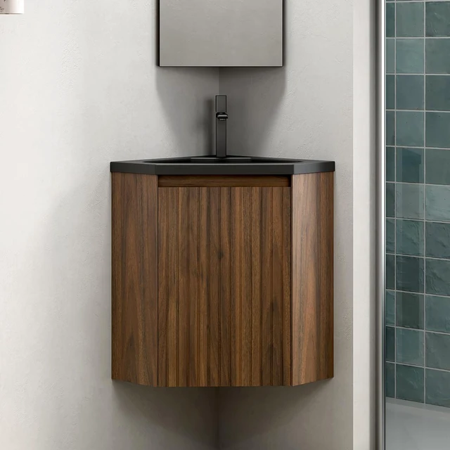 Main image of 22 Inch Vanity and Sink, Wall-Mounted Floating Triangular Striped Plywood Storage Cabinet with One Door Integrated