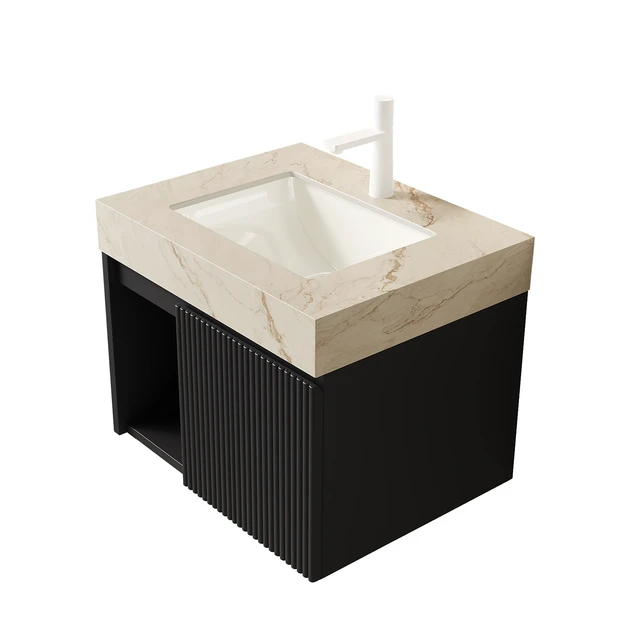 Alt view image 4 of 7 - 24 Inch Vanity and Sink, Floating Storage Cabinet Vein Sintered Stone Top and Ceramic Basin with Pre Drilled Faucet