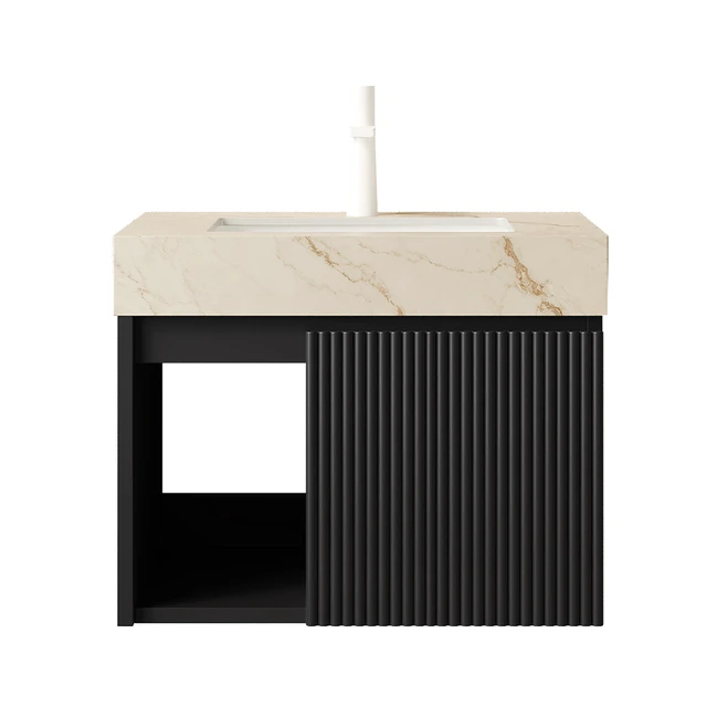 Alt view image 3 of 7 - 24 Inch Vanity and Sink, Floating Storage Cabinet Vein Sintered Stone Top and Ceramic Basin with Pre Drilled Faucet