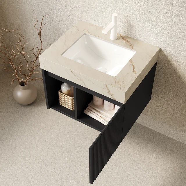Alt view image 2 of 7 - 24 Inch Vanity and Sink, Floating Storage Cabinet Vein Sintered Stone Top and Ceramic Basin with Pre Drilled Faucet