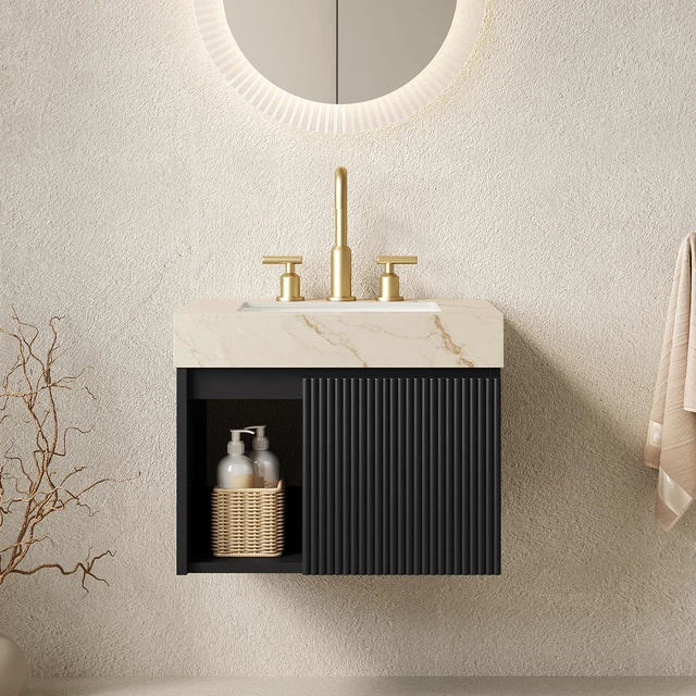 Main image of 24 Inch Vanity and Sink, Floating Storage Cabinet Vein Sintered Stone Top and Ceramic Basin with Pre Drilled Faucet