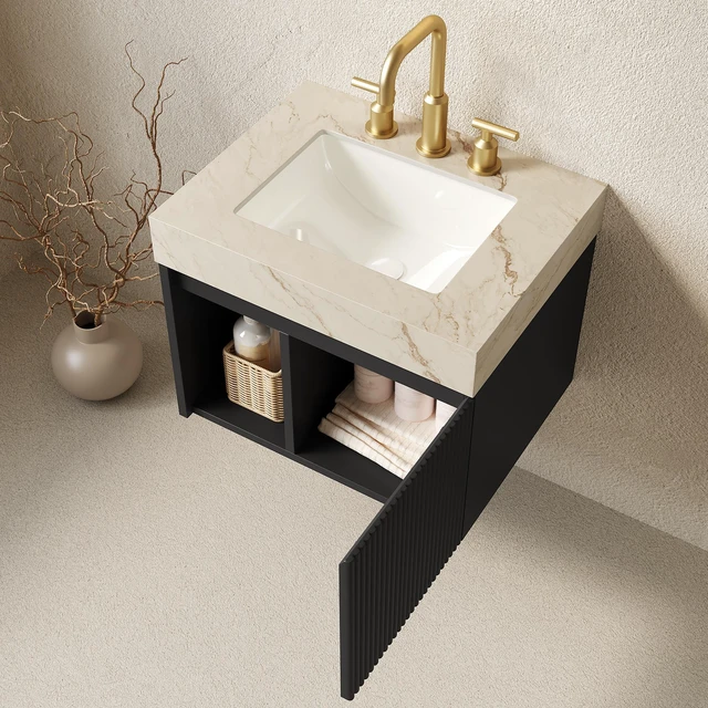 Alt view image 2 of 7 - 24 Inch Vanity and Sink, Floating Storage Cabinet Vein Sintered Stone Top and Ceramic Basin with Pre Drilled Faucet