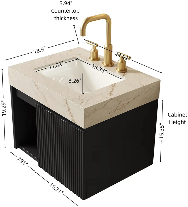 Alt view image 5 of 7 - 24 Inch Vanity and Sink, Floating Storage Cabinet Vein Sintered Stone Top and Ceramic Basin with Pre Drilled Faucet