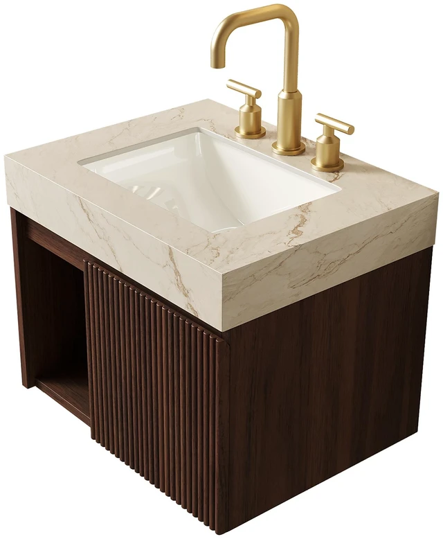 Alt view image 4 of 7 - 24 Inch Vanity and Sink, Floating Storage Cabinet Vein Sintered Stone Top and Ceramic Basin with Pre Drilled Faucet