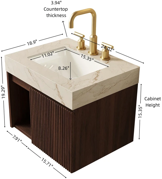Alt view image 5 of 7 - 24 Inch Vanity and Sink, Floating Storage Cabinet Vein Sintered Stone Top and Ceramic Basin with Pre Drilled Faucet