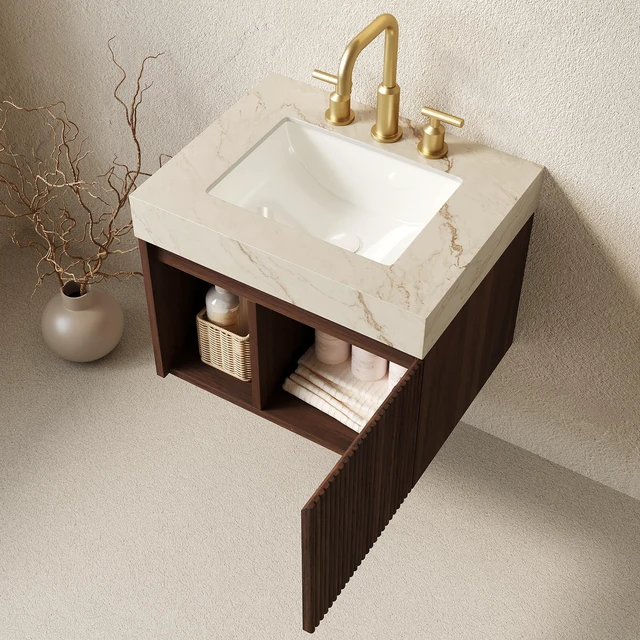 Alt view image 2 of 7 - 24 Inch Vanity and Sink, Floating Storage Cabinet Vein Sintered Stone Top and Ceramic Basin with Pre Drilled Faucet