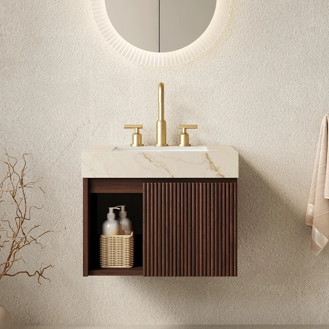 Main image of 24 Inch Vanity and Sink, Floating Storage Cabinet Vein Sintered Stone Top and Ceramic Basin with Pre Drilled Faucet