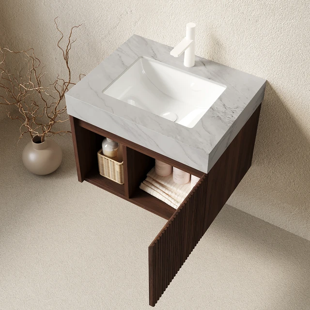 Alt view image 2 of 7 - 24 Inch Vanity and Sink, Floating Storage Cabinet Carrara Vein Sintered Stone Top and Ceramic Basin with Pre Drilled