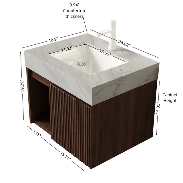 Alt view image 5 of 7 - 24 Inch Vanity and Sink, Floating Storage Cabinet Carrara Vein Sintered Stone Top and Ceramic Basin with Pre Drilled