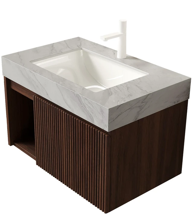 Alt view image 4 of 7 - 30 Inch Vanity and Sink, Floating Storage Cabinet Carrara Vein Sintered Stone Top and Ceramic Basin with Pre Drilled