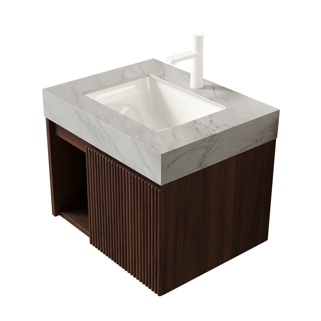 Alt view image 4 of 7 - 24 Inch Vanity and Sink, Floating Storage Cabinet Carrara Vein Sintered Stone Top and Ceramic Basin with Pre Drilled