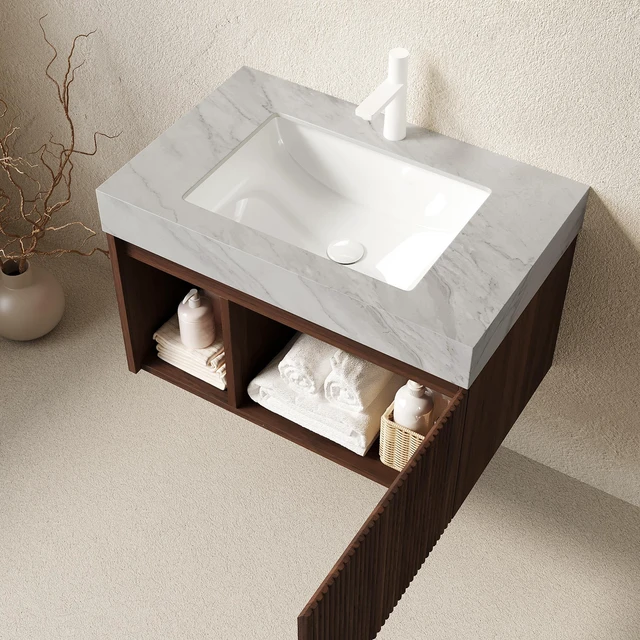 Alt view image 2 of 7 - 30 Inch Vanity and Sink, Floating Storage Cabinet Carrara Vein Sintered Stone Top and Ceramic Basin with Pre Drilled