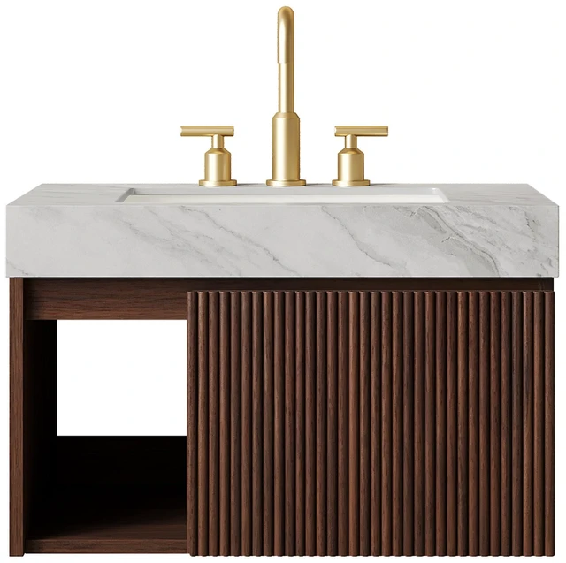Alt view image 3 of 7 - 30 Inch Vanity and Sink, Floating Storage Cabinet Carrara Vein Sintered Stone Top and Ceramic Basin with Pre Drilled