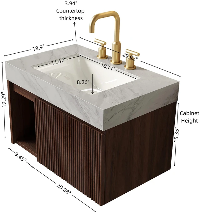 Alt view image 5 of 7 - 30 Inch Vanity and Sink, Floating Storage Cabinet Carrara Vein Sintered Stone Top and Ceramic Basin with Pre Drilled