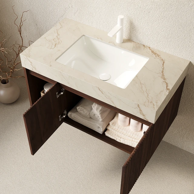 Alt view image 2 of 7 - 36 Inch Vanity and Sink, Floating Storage Cabinet Vein Sintered Stone Top and Ceramic Basin with Pre Drilled Faucet