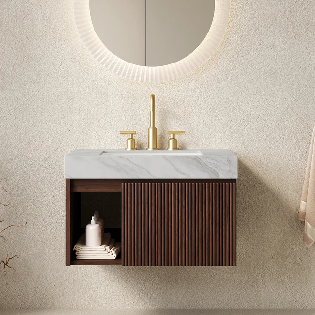Main image of 30 Inch Vanity and Sink, Floating Storage Cabinet Carrara Vein Sintered Stone Top and Ceramic Basin with Pre Drilled
