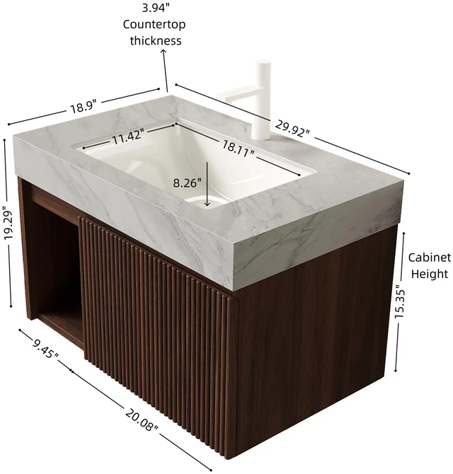 Alt view image 5 of 7 - 30 Inch Vanity and Sink, Floating Storage Cabinet Carrara Vein Sintered Stone Top and Ceramic Basin with Pre Drilled