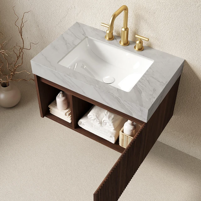 Alt view image 2 of 7 - 30 Inch Vanity and Sink, Floating Storage Cabinet Carrara Vein Sintered Stone Top and Ceramic Basin with Pre Drilled