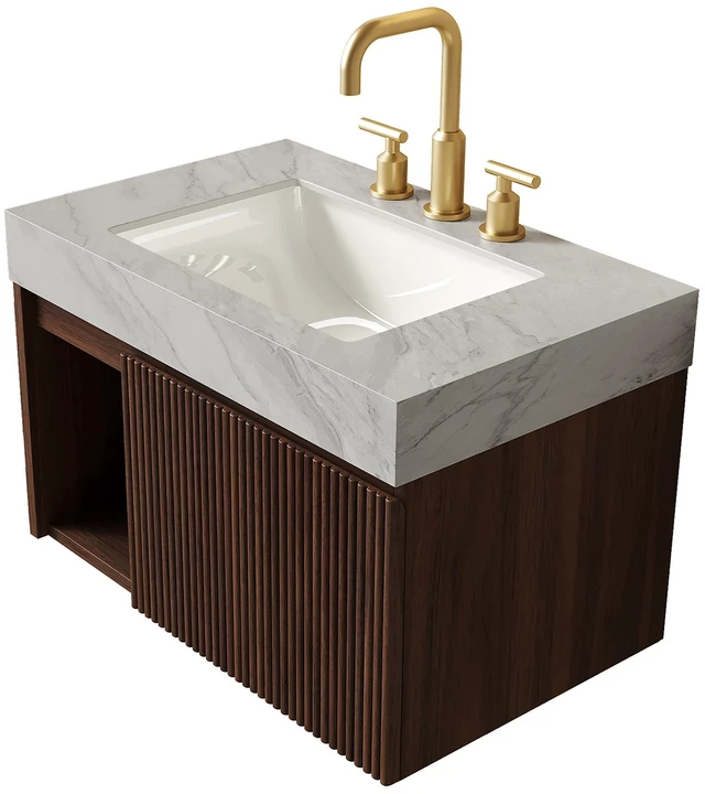 Alt view image 4 of 7 - 30 Inch Vanity and Sink, Floating Storage Cabinet Carrara Vein Sintered Stone Top and Ceramic Basin with Pre Drilled
