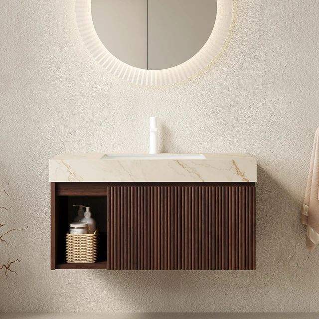 Main image of 36 Inch Vanity and Sink, Floating Storage Cabinet Vein Sintered Stone Top and Ceramic Basin with Pre Drilled Faucet