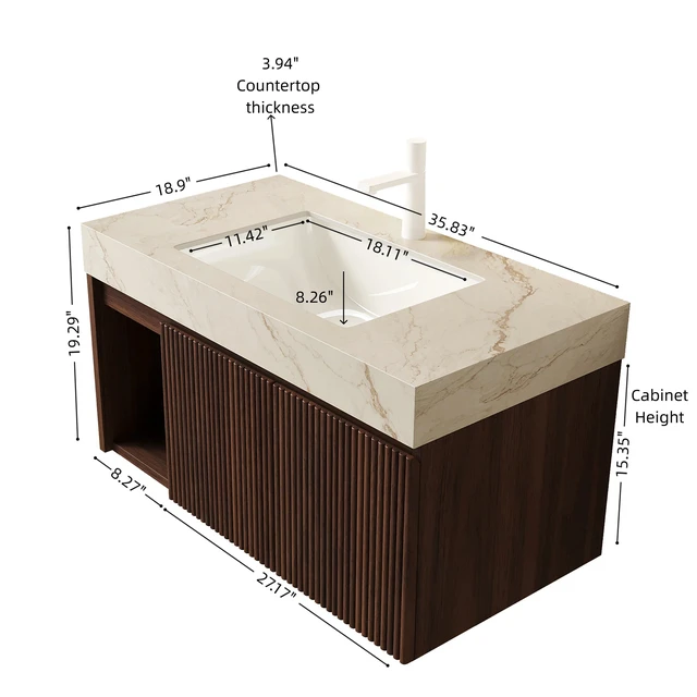 Alt view image 5 of 7 - 36 Inch Vanity and Sink, Floating Storage Cabinet Vein Sintered Stone Top and Ceramic Basin with Pre Drilled Faucet