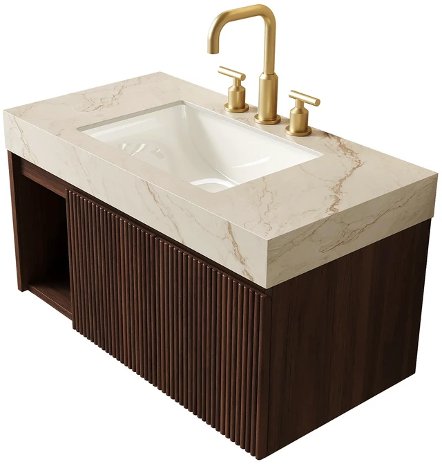 Alt view image 4 of 7 - 36 Inch Vanity and Sink, Floating Storage Cabinet Vein Sintered Stone Top and Ceramic Basin with Pre Drilled Faucet