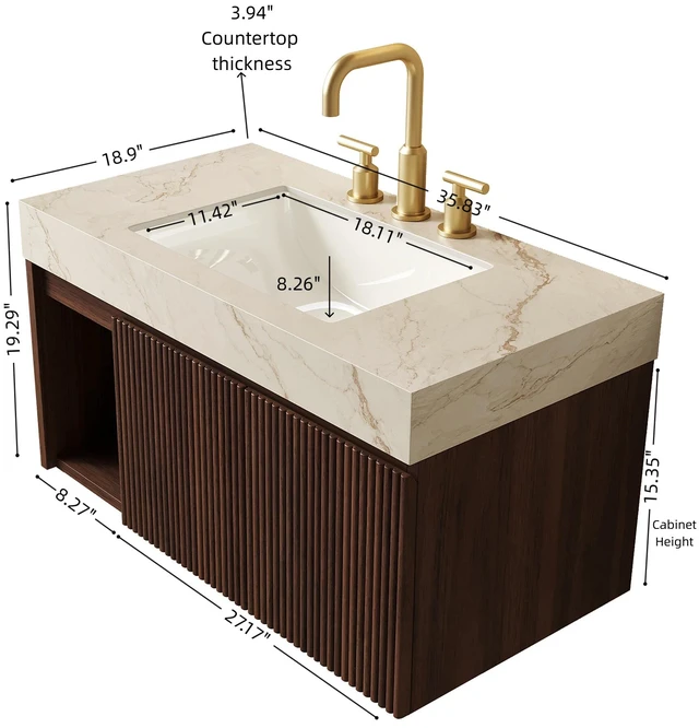 Alt view image 5 of 7 - 36 Inch Vanity and Sink, Floating Storage Cabinet Vein Sintered Stone Top and Ceramic Basin with Pre Drilled Faucet